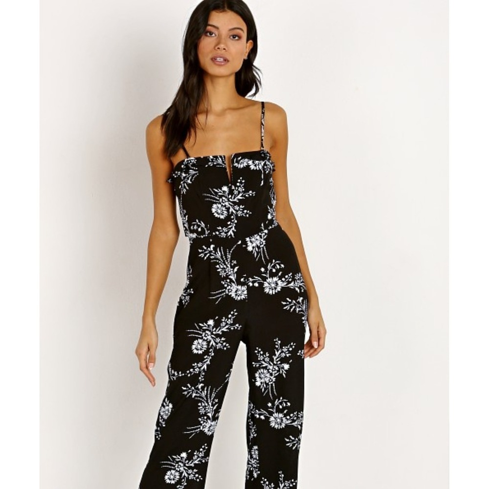 Flynn Skye Black White Floral Print Square Neck Wide Leg Jumpsuit Medium Spring